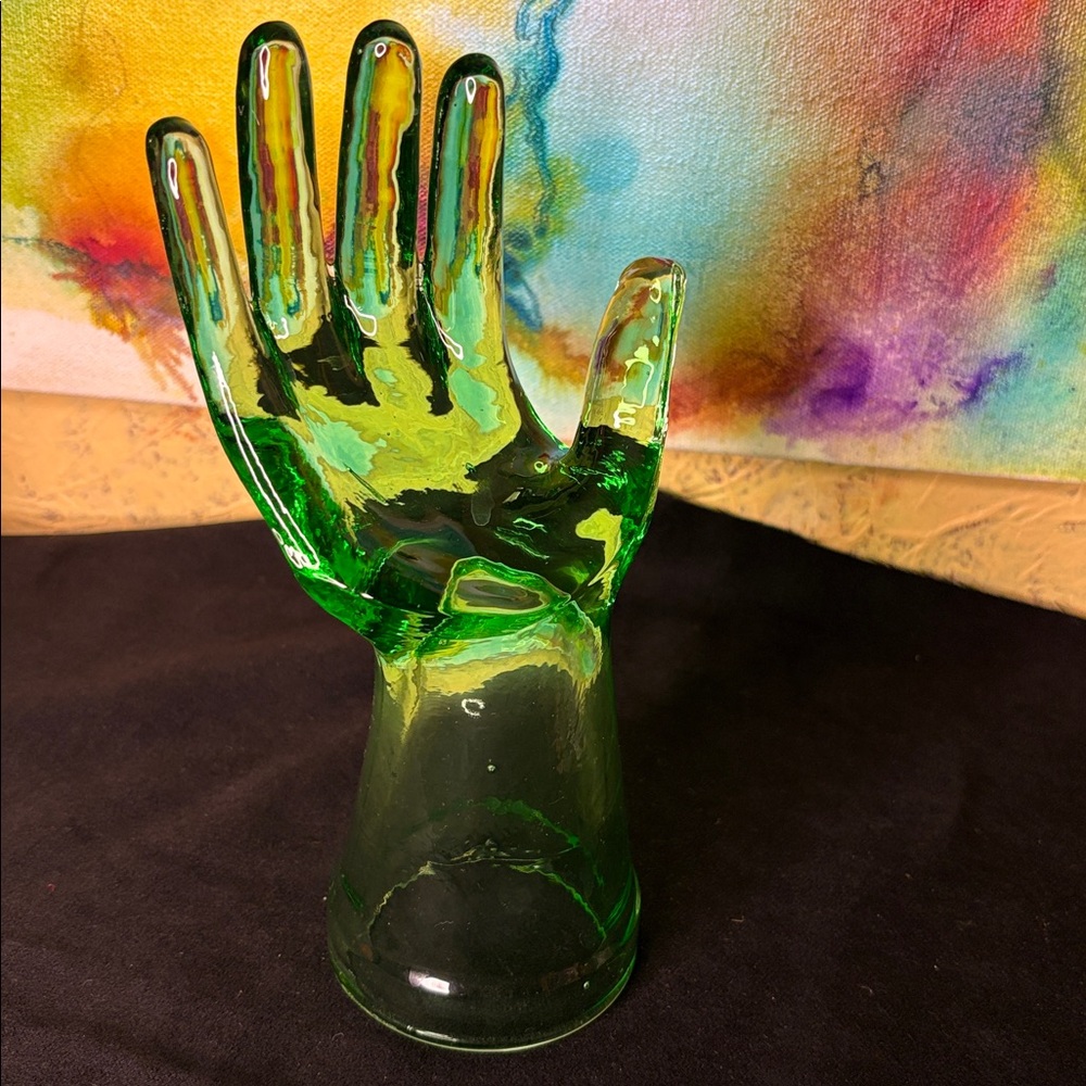 Vintage Lime Green Art Glass Hand MCM Holder Jewelry Ring Figurine 8” Sculpture